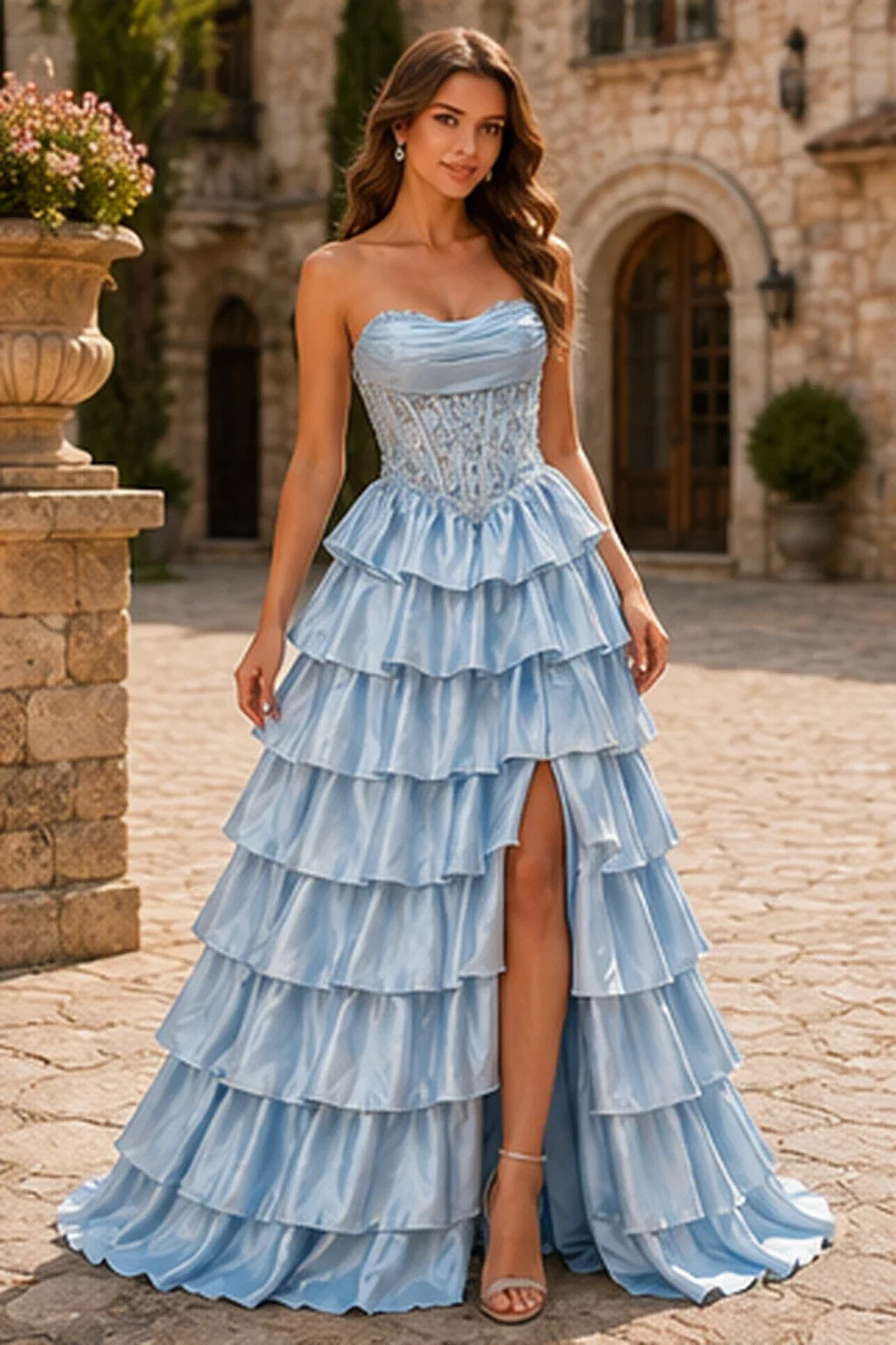 Cazelle Strapless Tiered Ruffle Ball Gown Prom Dress with Slit