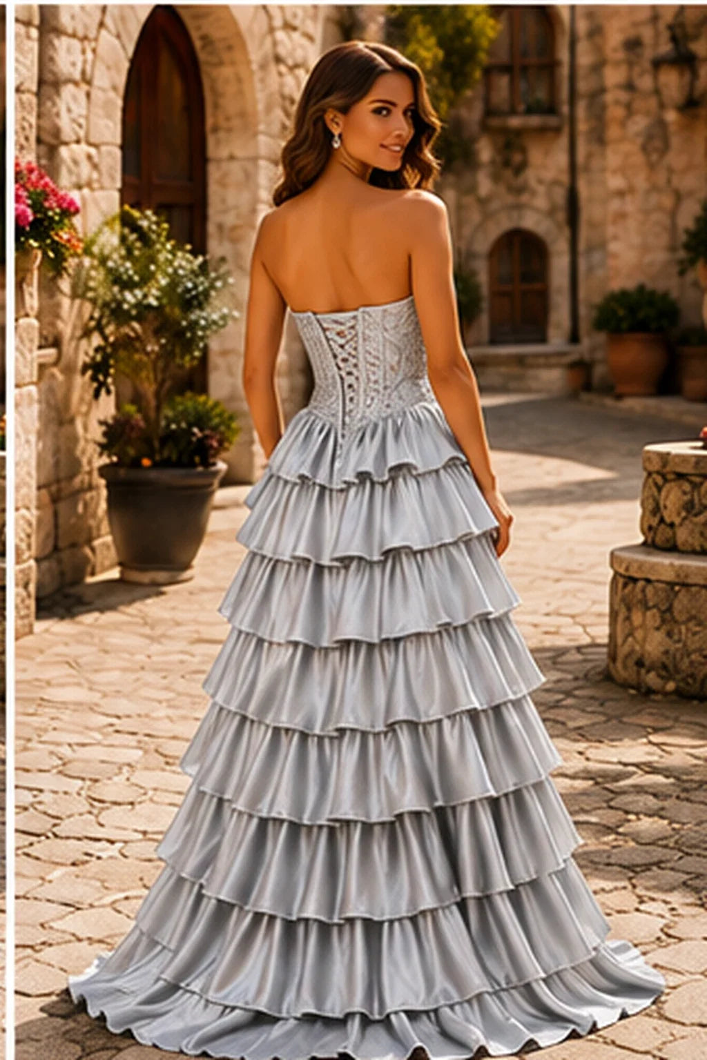 Cazelle Strapless Tiered Ruffle Ball Gown Prom Dress with Slit