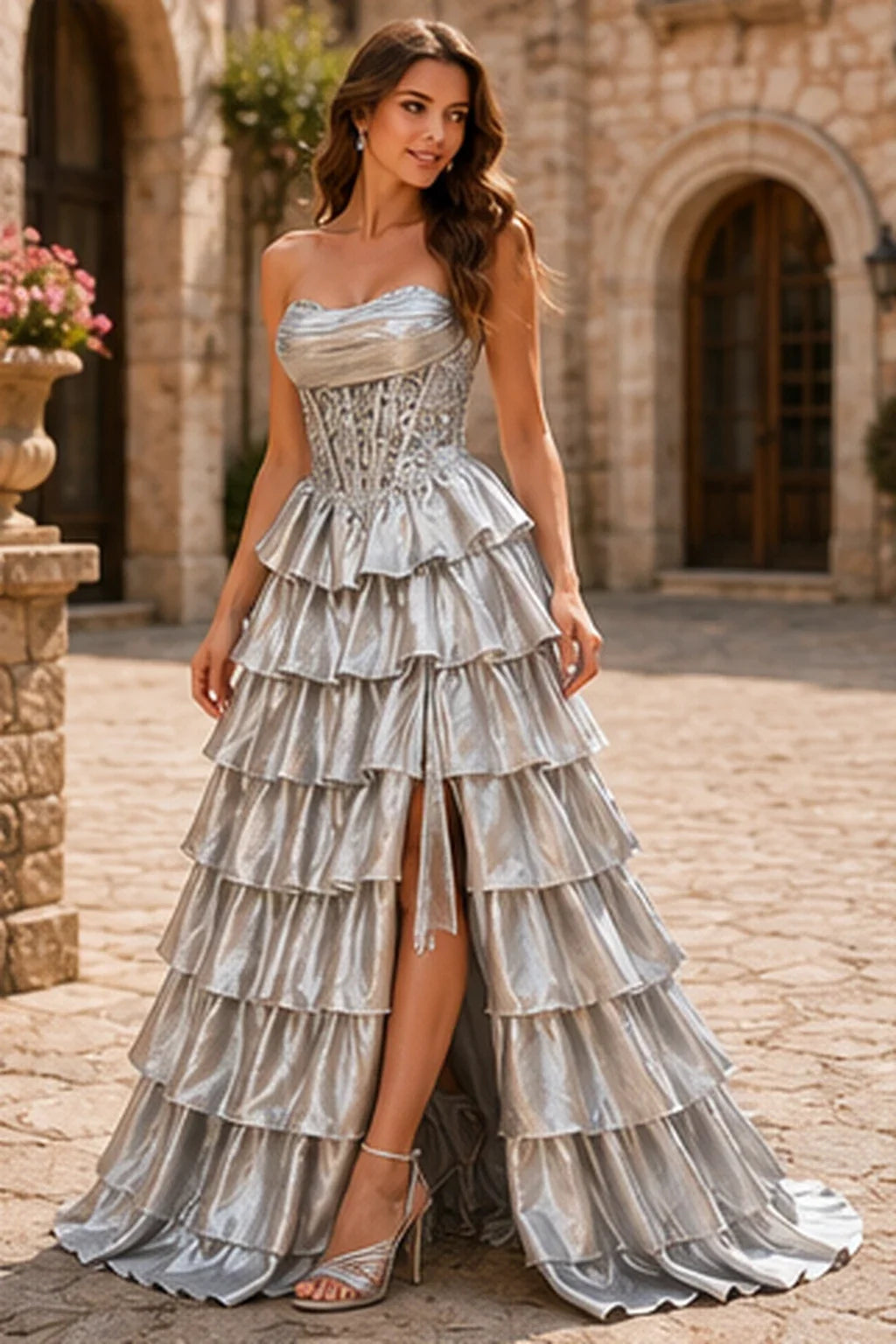 Cazelle Strapless Tiered Ruffle Ball Gown Prom Dress with Slit