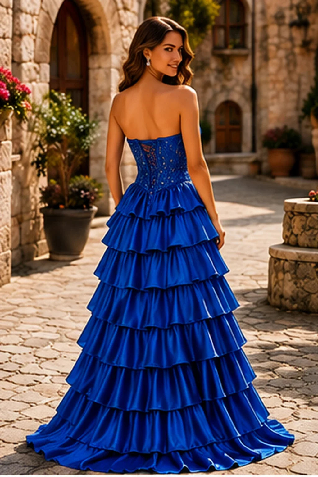 Cazelle Strapless Tiered Ruffle Ball Gown Prom Dress with Slit