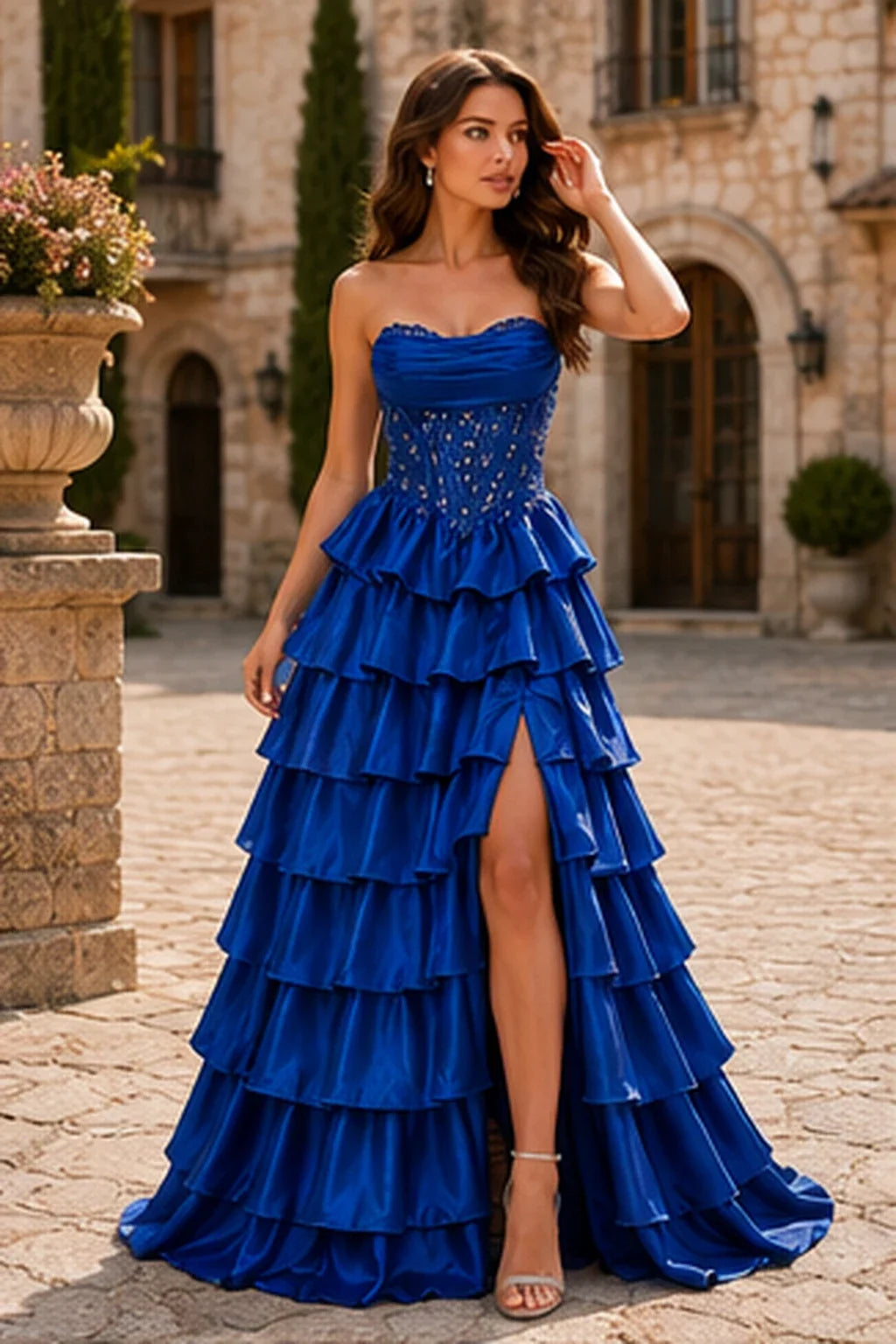 Cazelle Strapless Tiered Ruffle Ball Gown Prom Dress with Slit