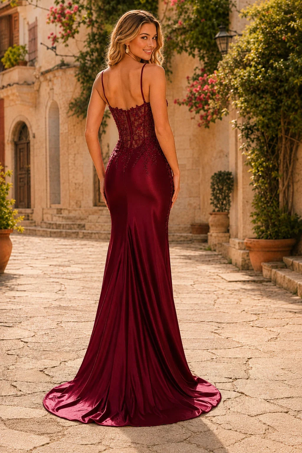 Fiorenne Lace Corset Mermaid Prom Dress with Slit