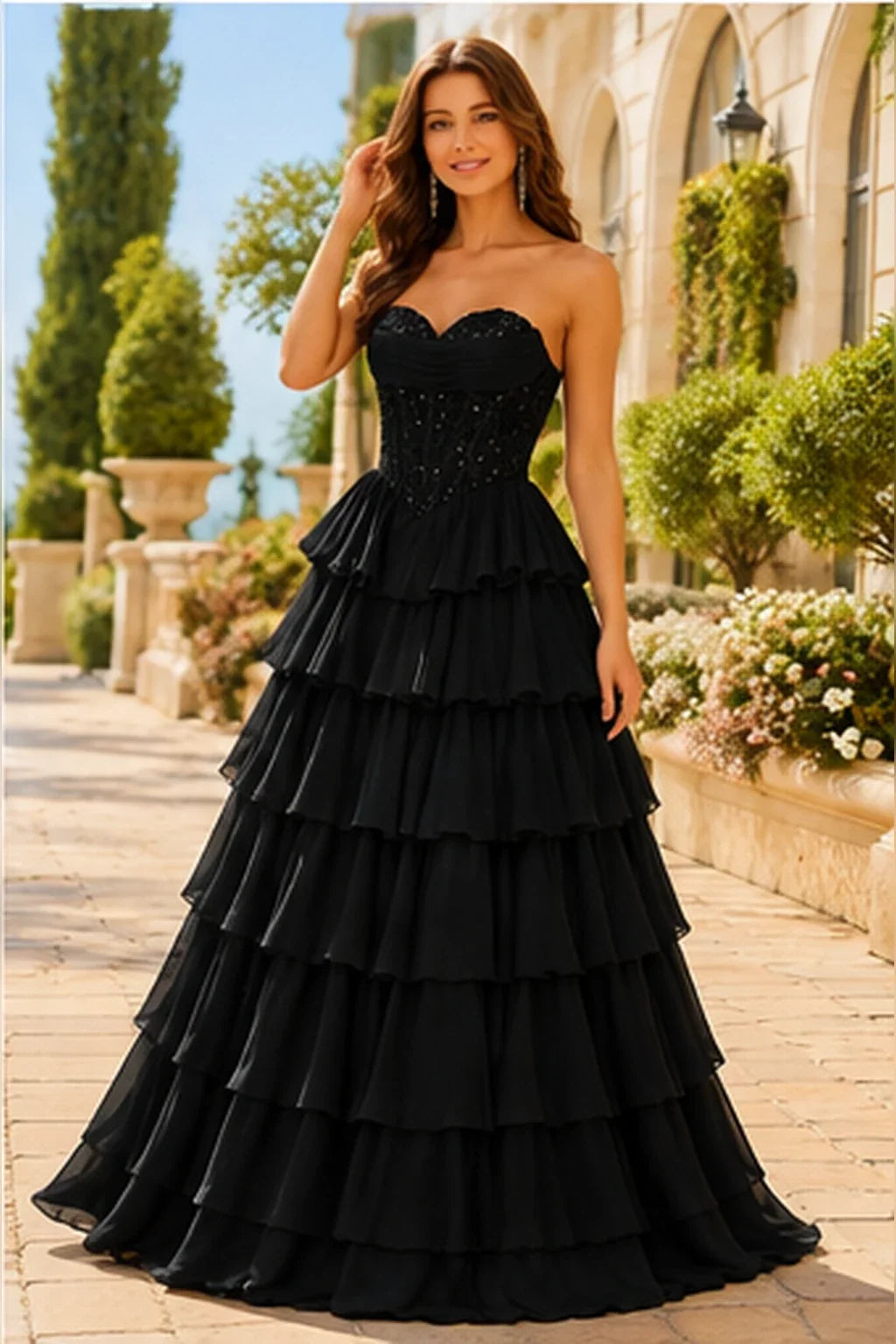 Galisse Strapless Tiered Ruffle Ball Gown Prom Dress