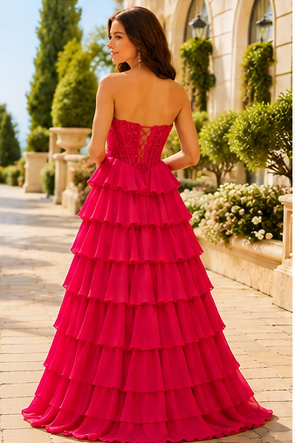 Galisse Strapless Tiered Ruffle Ball Gown Prom Dress