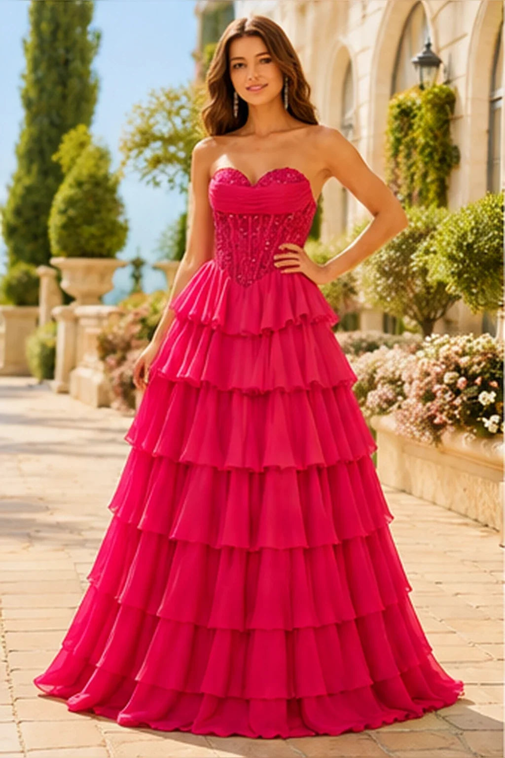 Galisse Strapless Tiered Ruffle Ball Gown Prom Dress