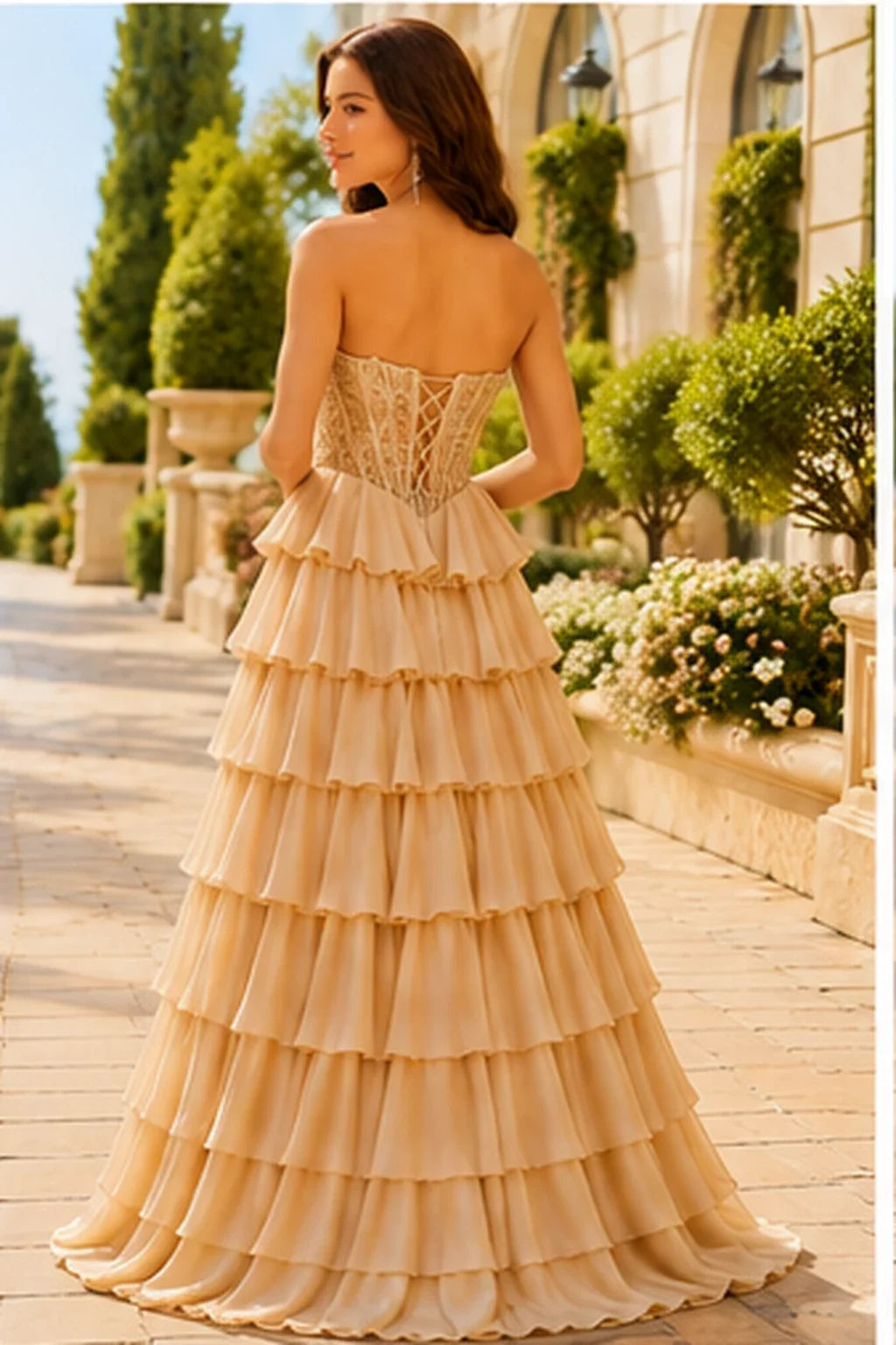 Galisse Strapless Tiered Ruffle Ball Gown Prom Dress