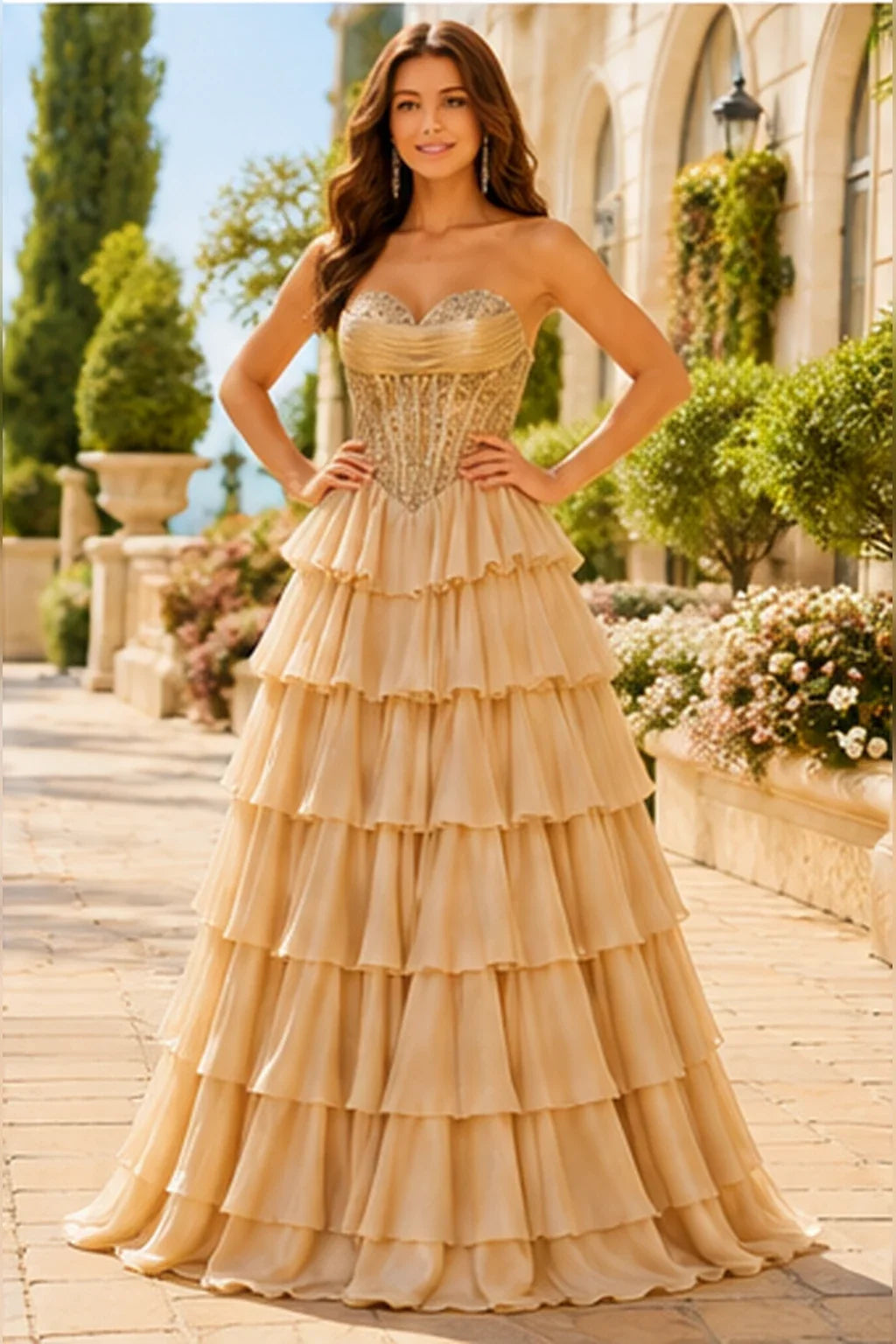 Galisse Strapless Tiered Ruffle Ball Gown Prom Dress