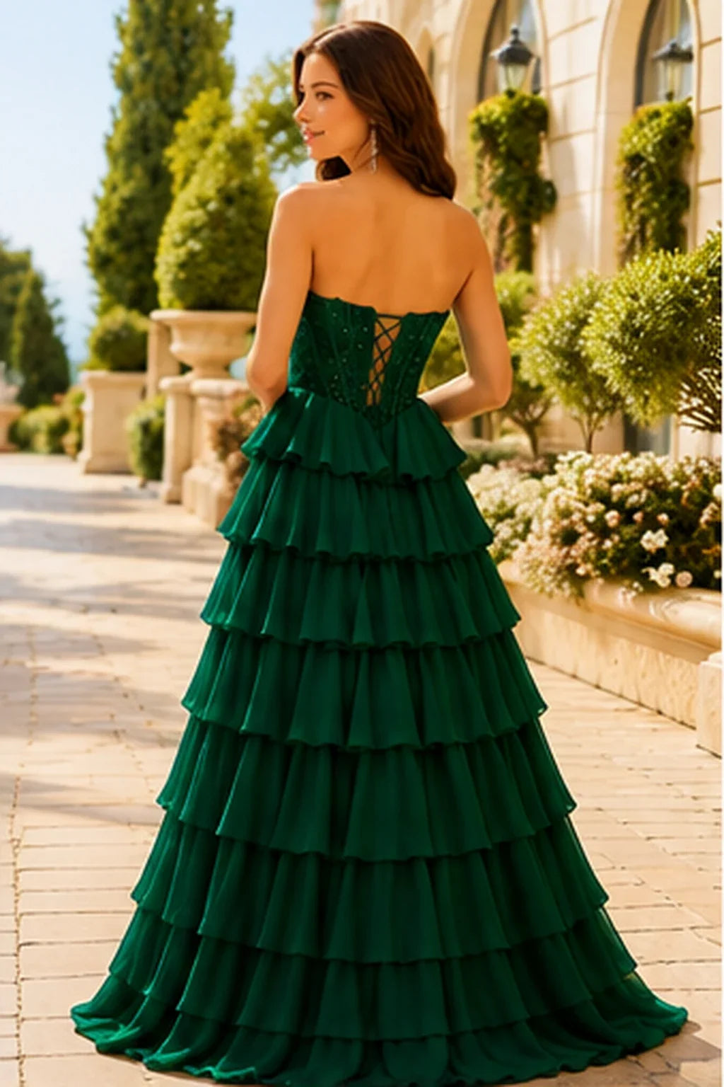 Galisse Strapless Tiered Ruffle Ball Gown Prom Dress