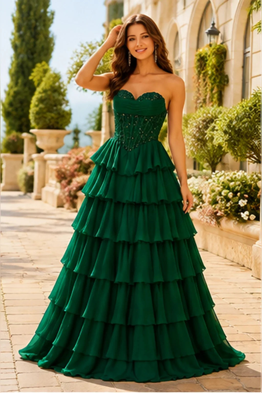 Galisse Strapless Tiered Ruffle Ball Gown Prom Dress