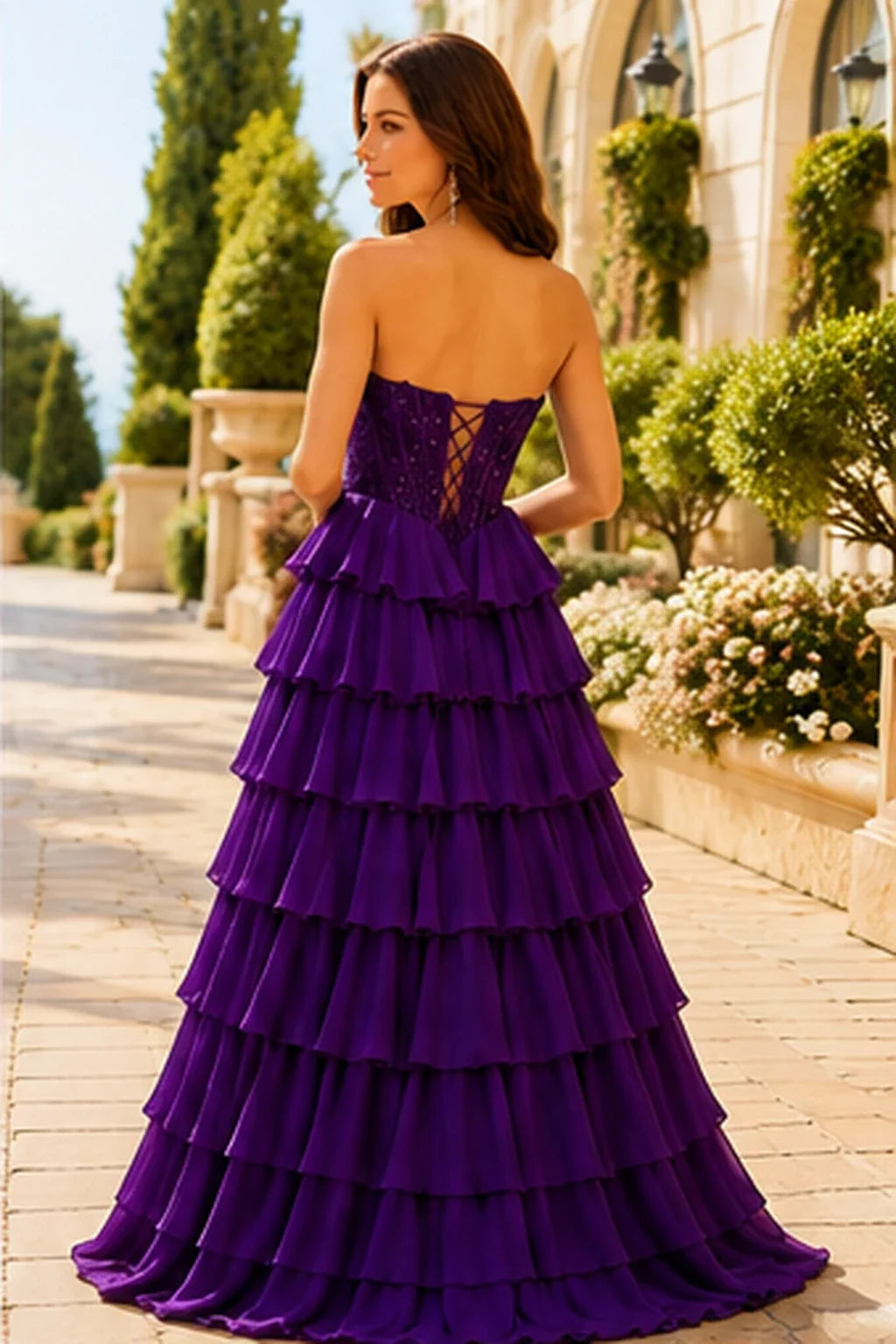 Galisse Strapless Tiered Ruffle Ball Gown Prom Dress