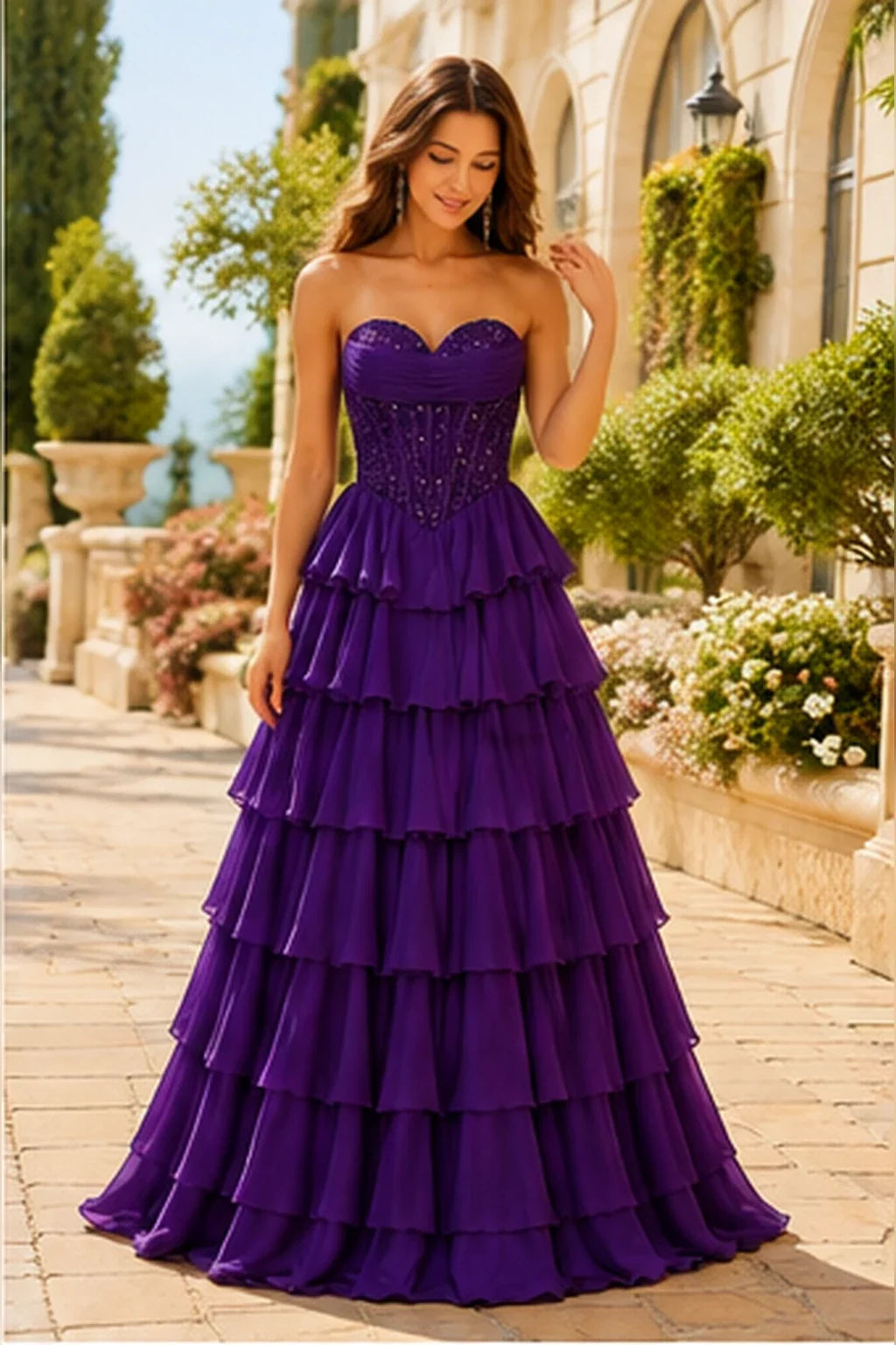 Galisse Strapless Tiered Ruffle Ball Gown Prom Dress
