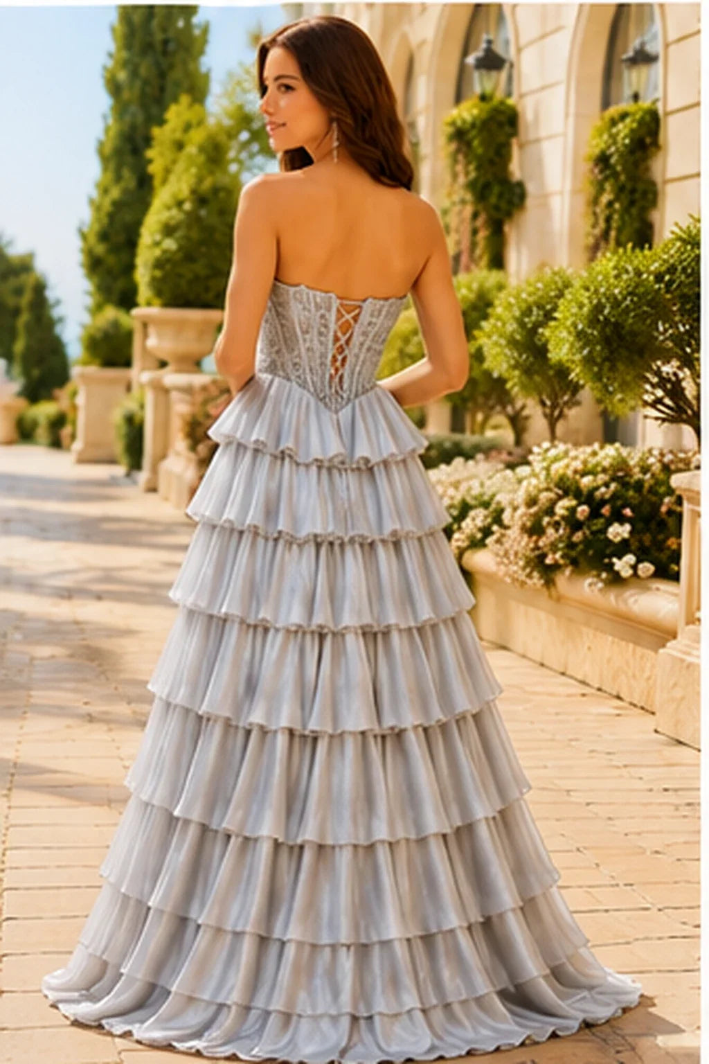Galisse Strapless Tiered Ruffle Ball Gown Prom Dress