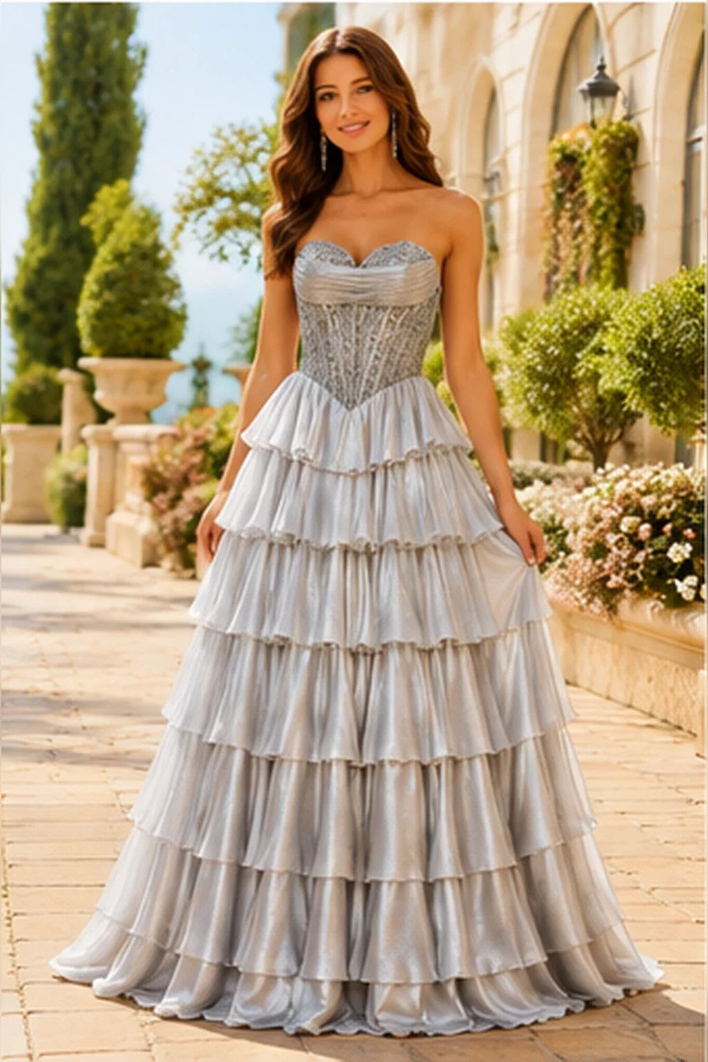 Galisse Strapless Tiered Ruffle Ball Gown Prom Dress
