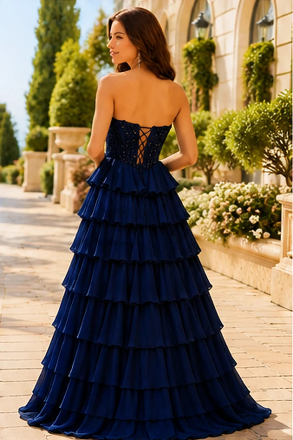 Galisse Strapless Tiered Ruffle Ball Gown Prom Dress