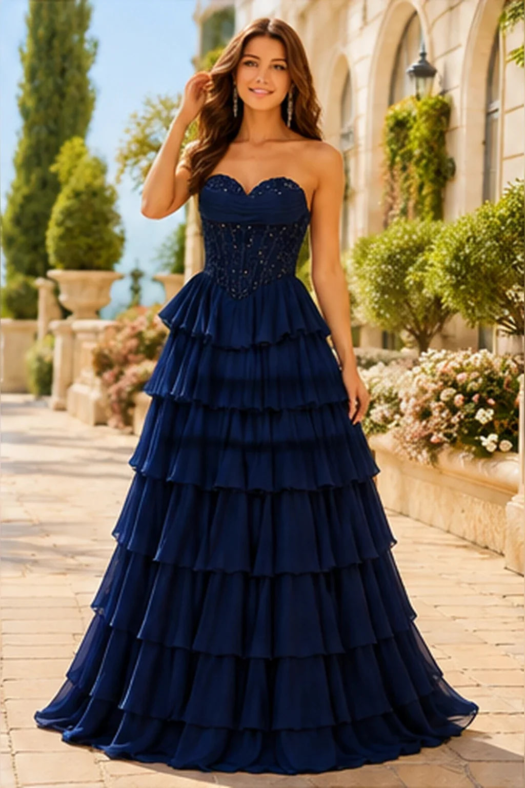 Galisse Strapless Tiered Ruffle Ball Gown Prom Dress