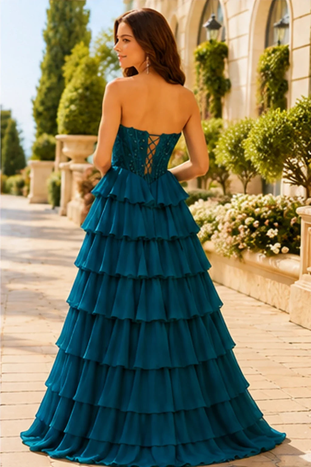 Galisse Strapless Tiered Ruffle Ball Gown Prom Dress