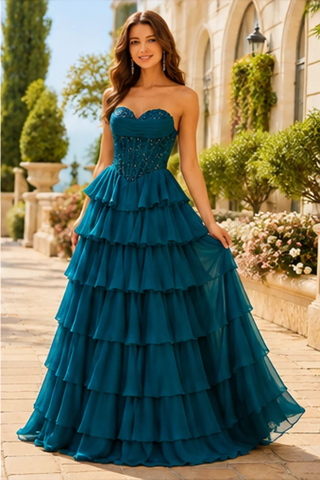 Galisse Strapless Tiered Ruffle Ball Gown Prom Dress