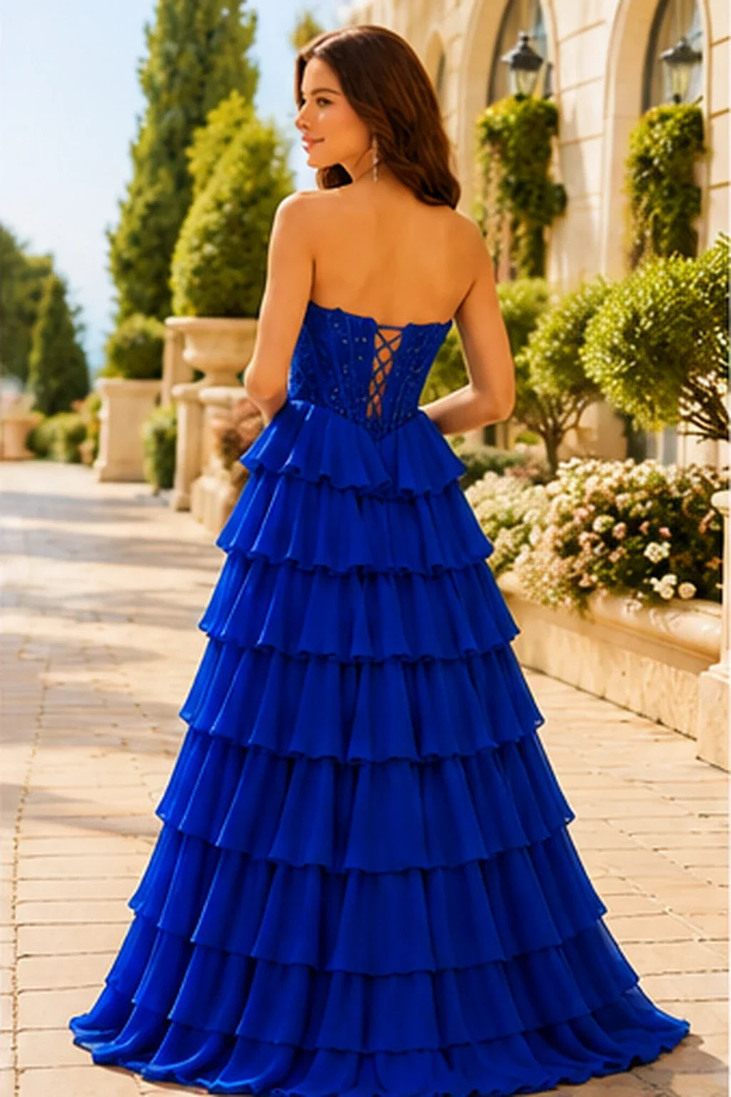 Galisse Strapless Tiered Ruffle Ball Gown Prom Dress