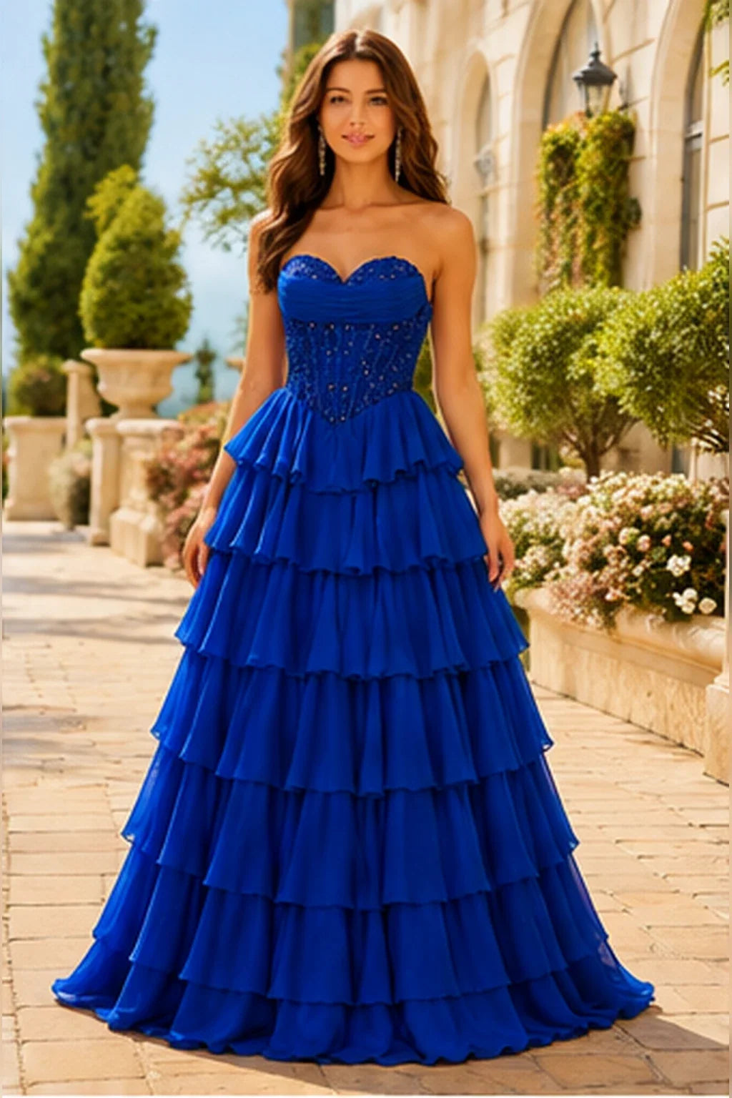Galisse Strapless Tiered Ruffle Ball Gown Prom Dress