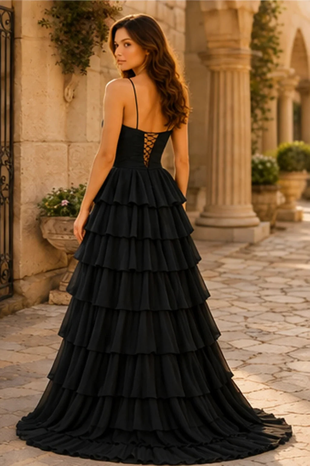 Helora Cutout Spaghetti Strap Tiered Ruffle Prom Dress with Slit