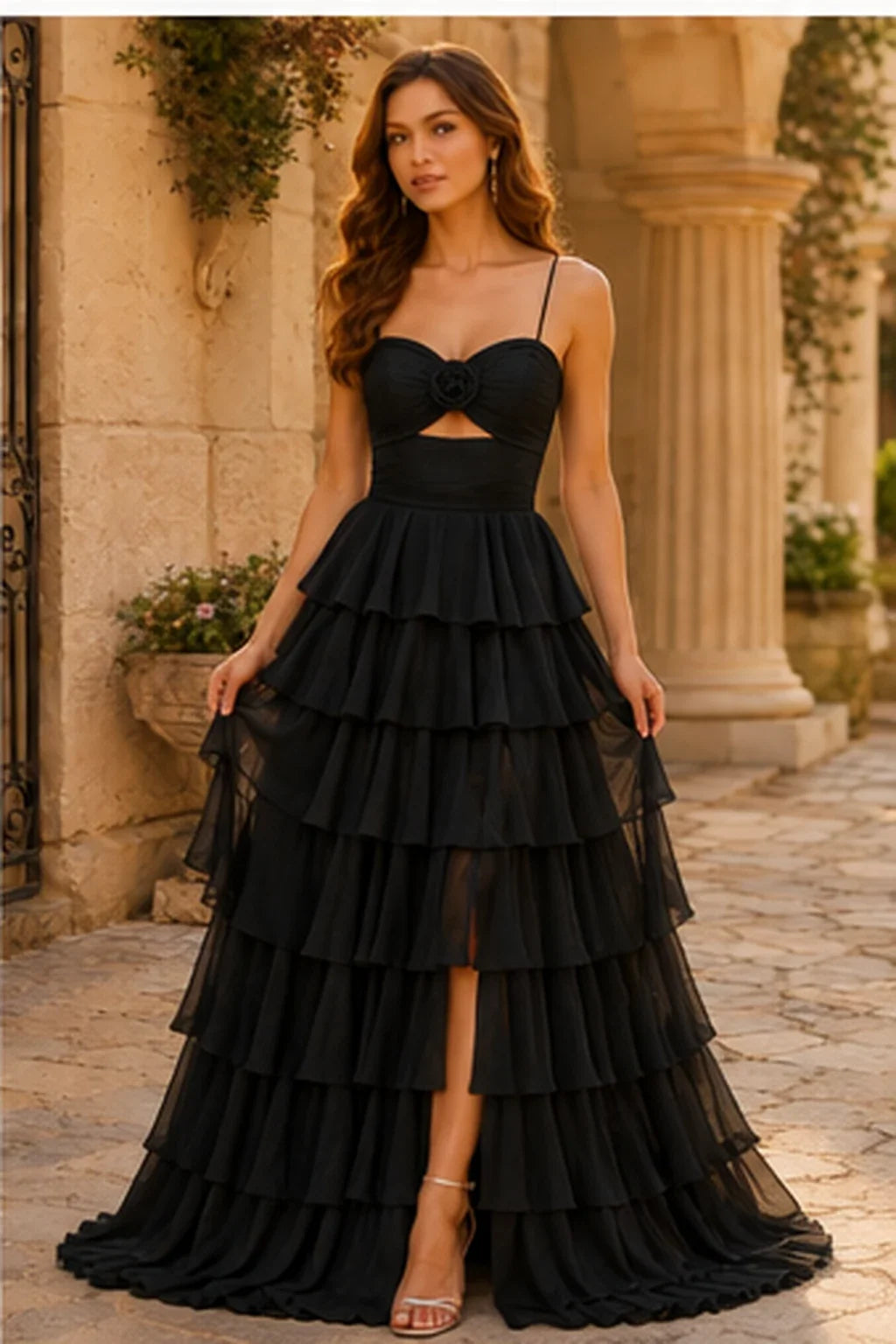 Helora Cutout Spaghetti Strap Tiered Ruffle Prom Dress with Slit
