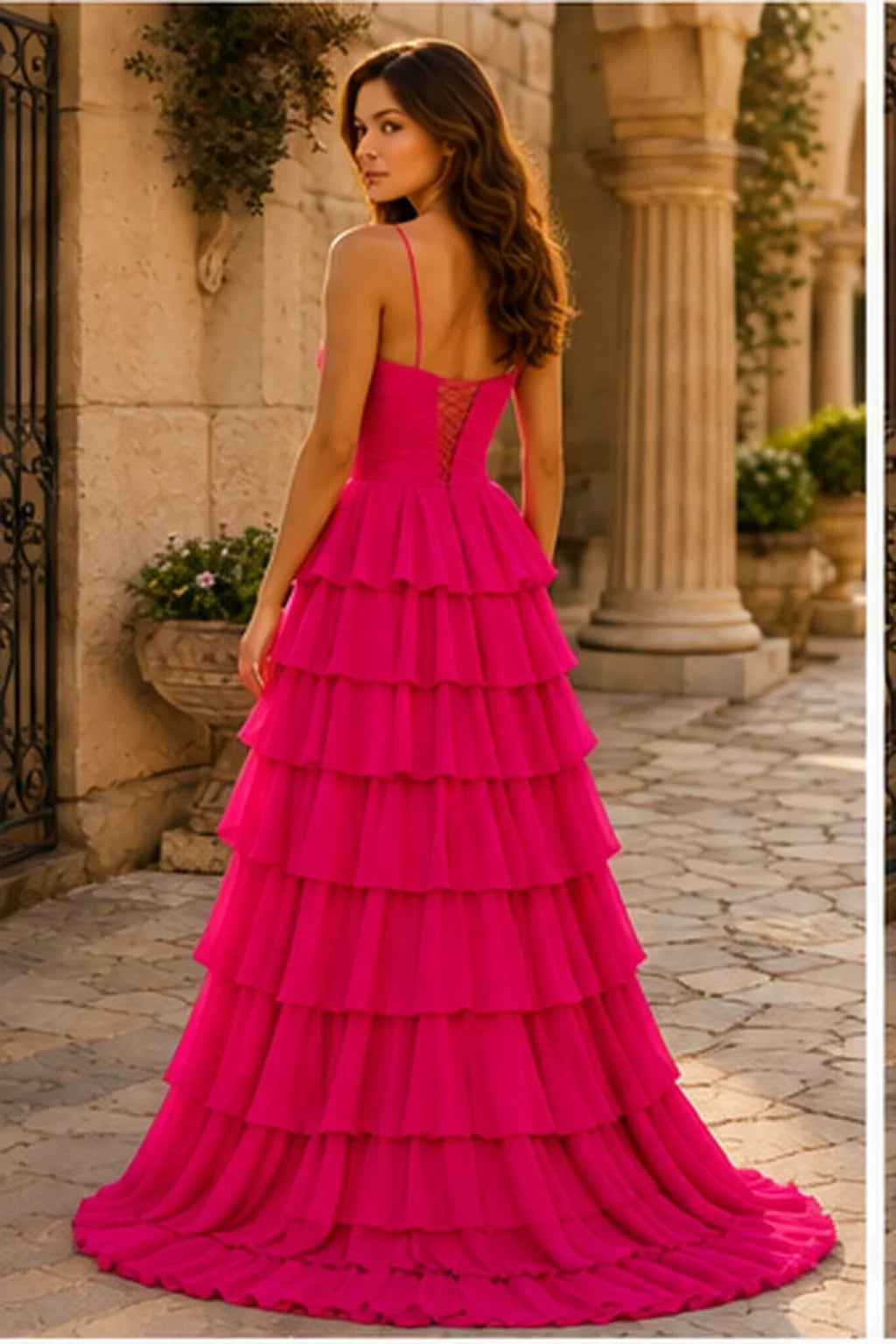 Helora Cutout Spaghetti Strap Tiered Ruffle Prom Dress with Slit