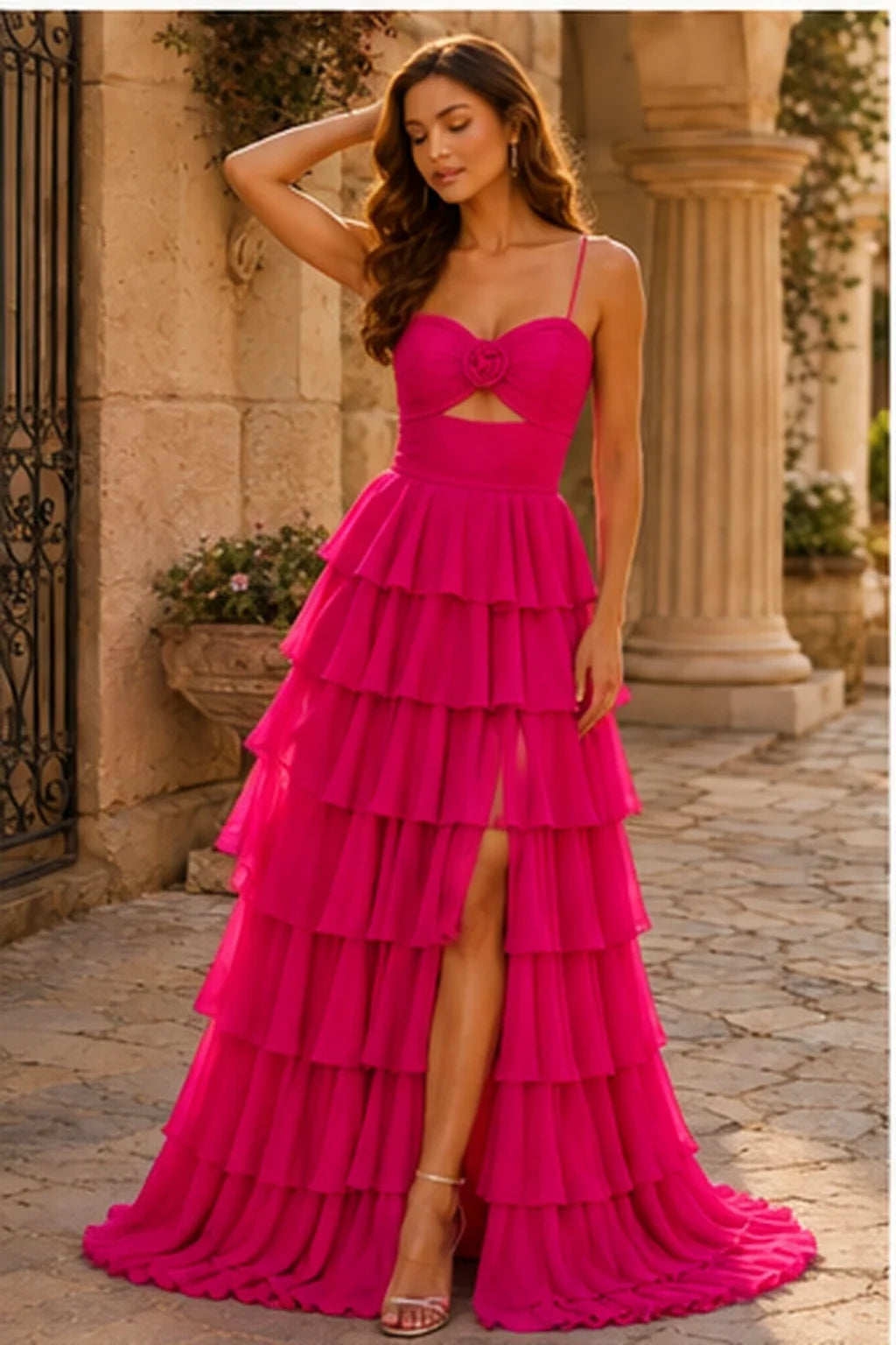 Helora Cutout Spaghetti Strap Tiered Ruffle Prom Dress with Slit
