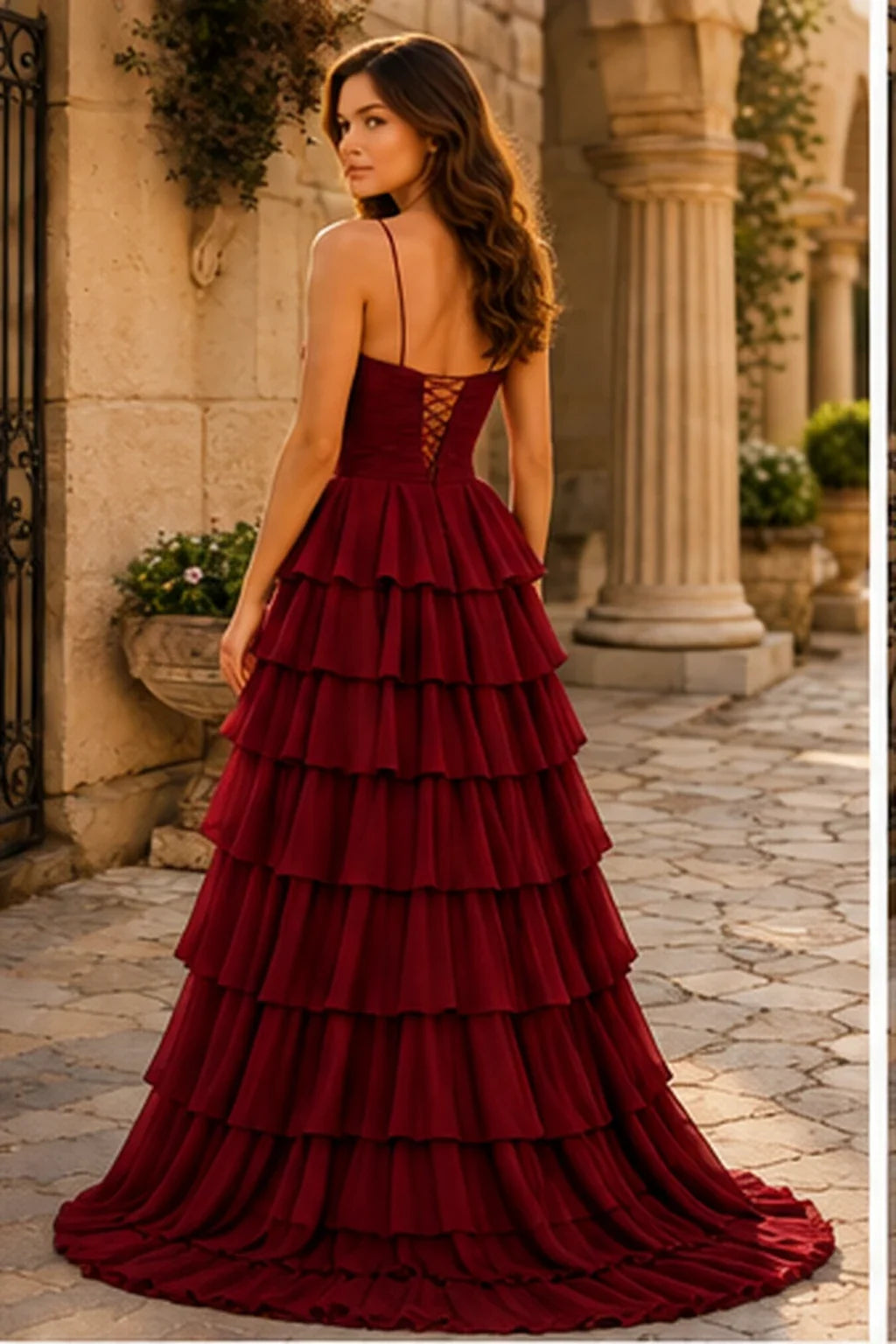 Helora Cutout Spaghetti Strap Tiered Ruffle Prom Dress with Slit