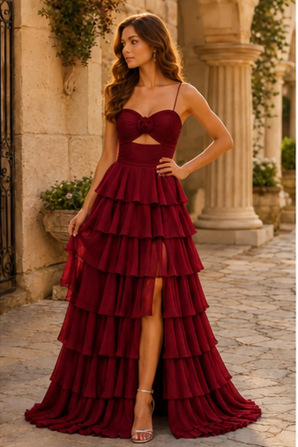 Helora Cutout Spaghetti Strap Tiered Ruffle Prom Dress with Slit