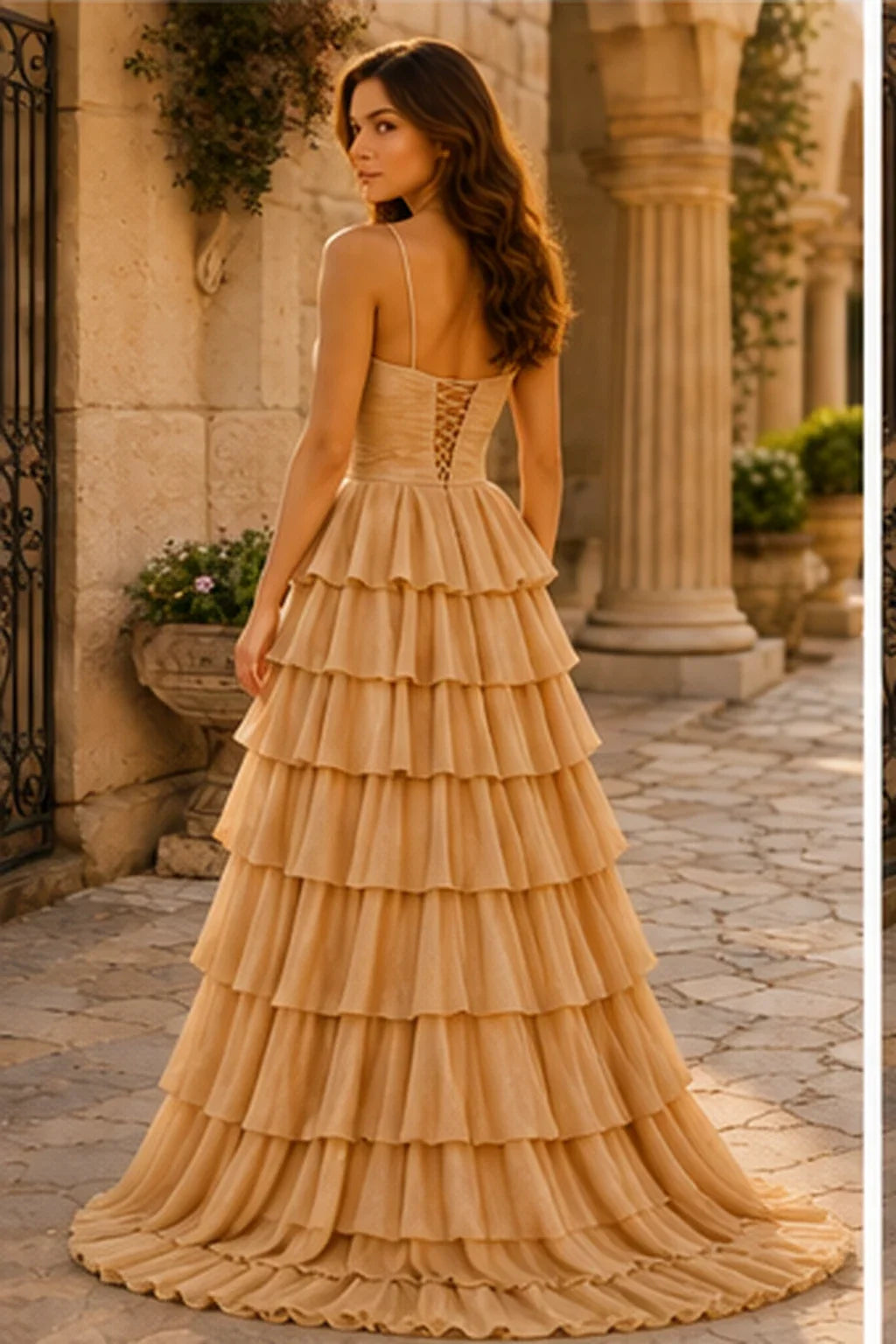 Helora Cutout Spaghetti Strap Tiered Ruffle Prom Dress with Slit