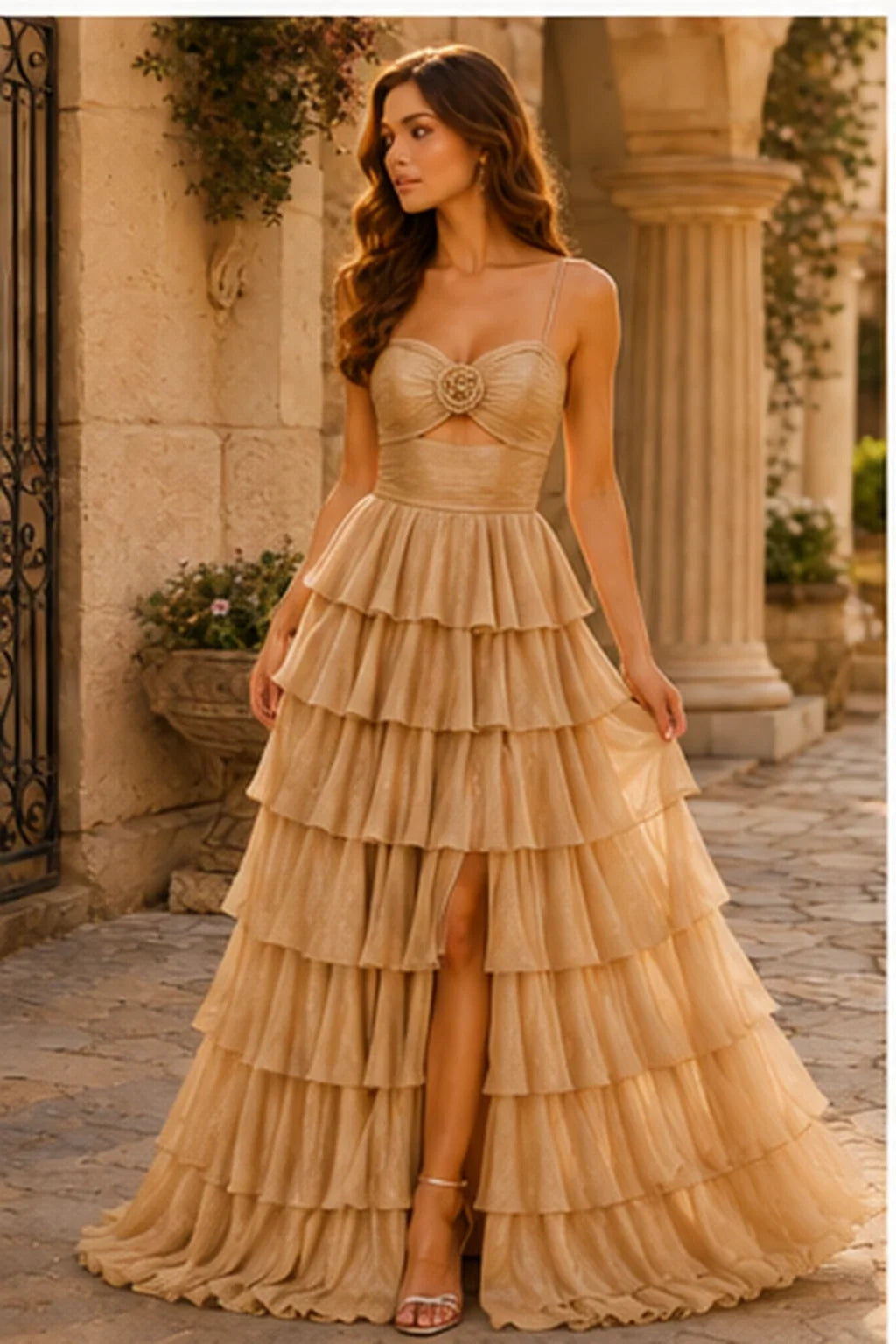 Helora Cutout Spaghetti Strap Tiered Ruffle Prom Dress with Slit