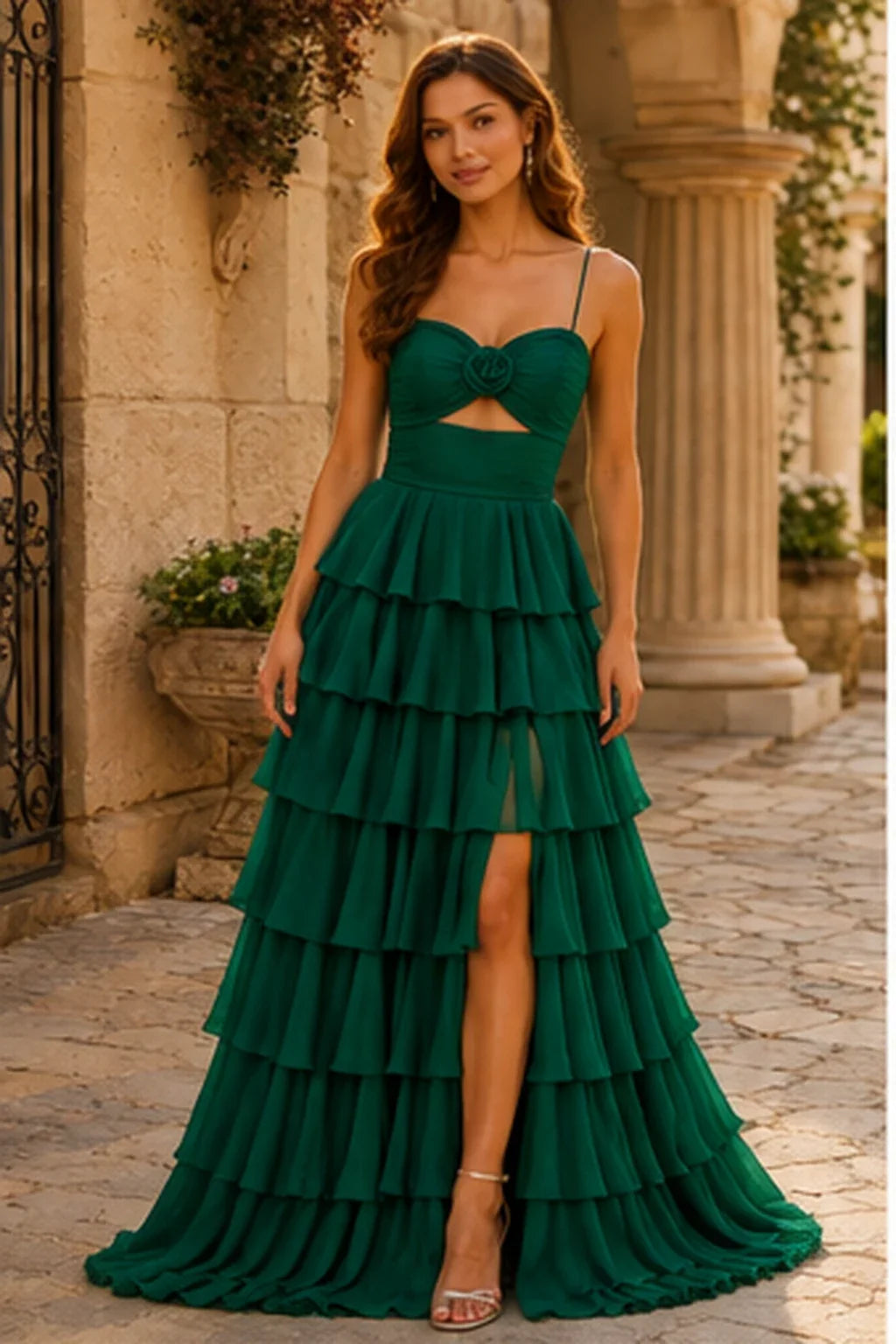 Helora Cutout Spaghetti Strap Tiered Ruffle Prom Dress with Slit