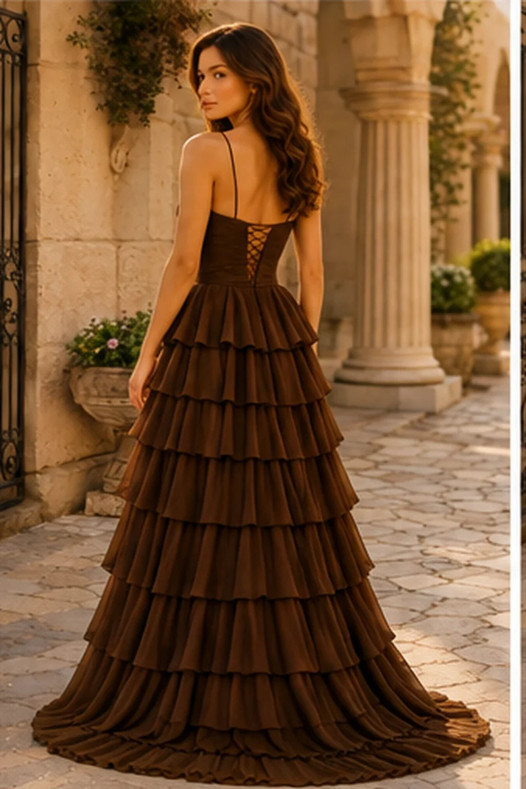 Helora Cutout Spaghetti Strap Tiered Ruffle Prom Dress with Slit