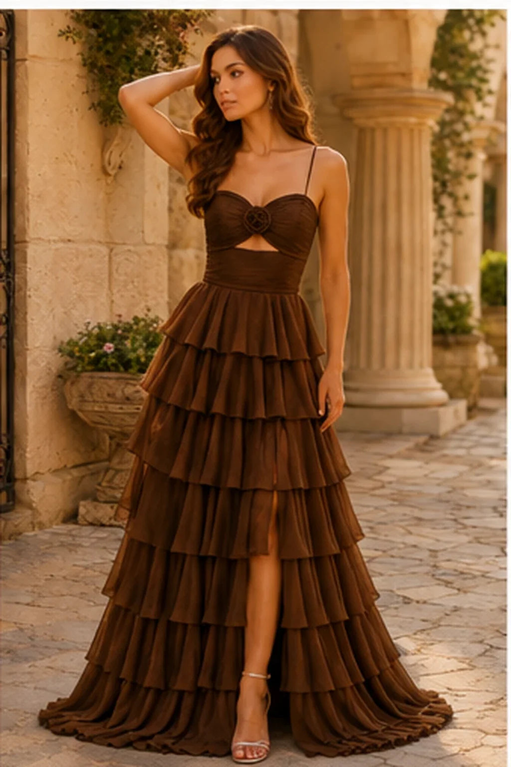Helora Cutout Spaghetti Strap Tiered Ruffle Prom Dress with Slit