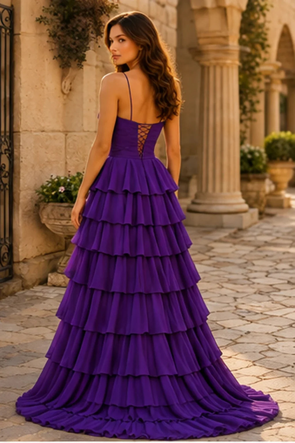 Helora Cutout Spaghetti Strap Tiered Ruffle Prom Dress with Slit