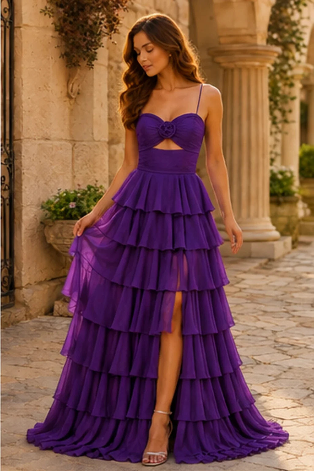 Helora Cutout Spaghetti Strap Tiered Ruffle Prom Dress with Slit