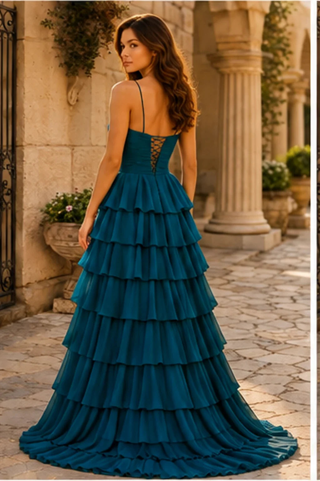 Helora Cutout Spaghetti Strap Tiered Ruffle Prom Dress with Slit