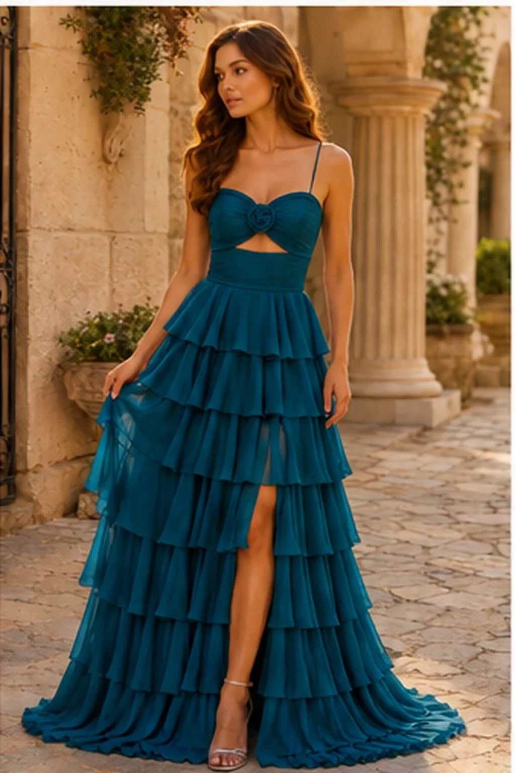 Helora Cutout Spaghetti Strap Tiered Ruffle Prom Dress with Slit