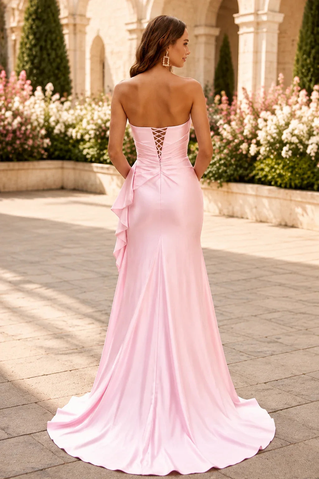 S8887P Strapless Ruched Ruffle Satin Prom Dress with Slit