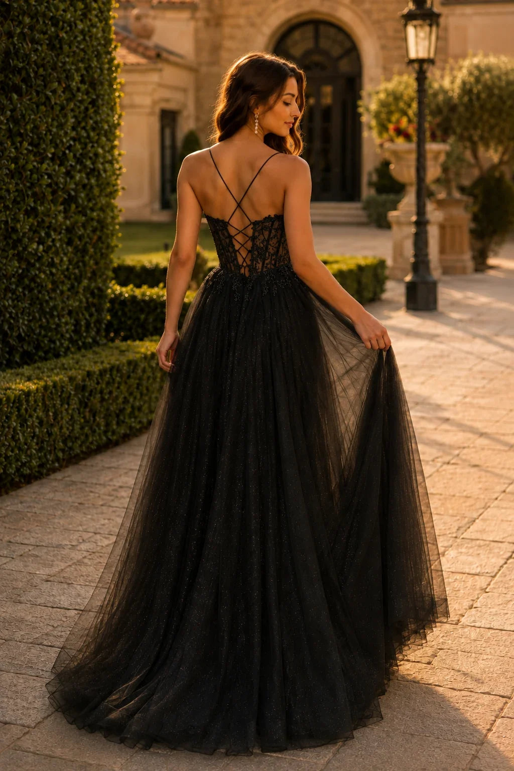 Varella Beaded Corset Tulle A-Line Prom Dress with Slit