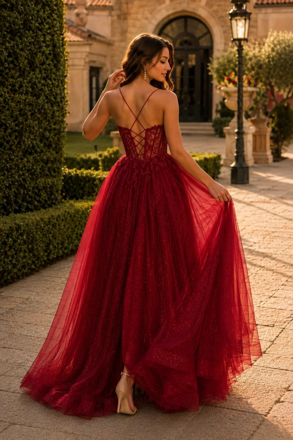 Varella Beaded Corset Tulle A-Line Prom Dress with Slit