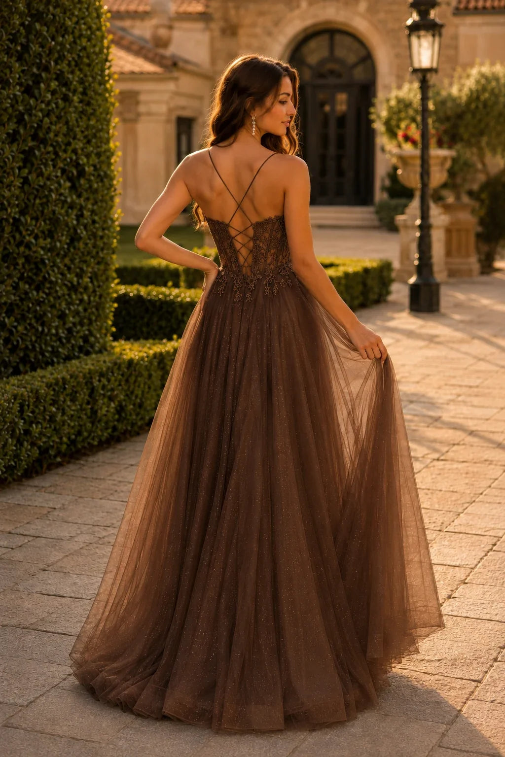 Varella Beaded Corset Tulle A-Line Prom Dress with Slit