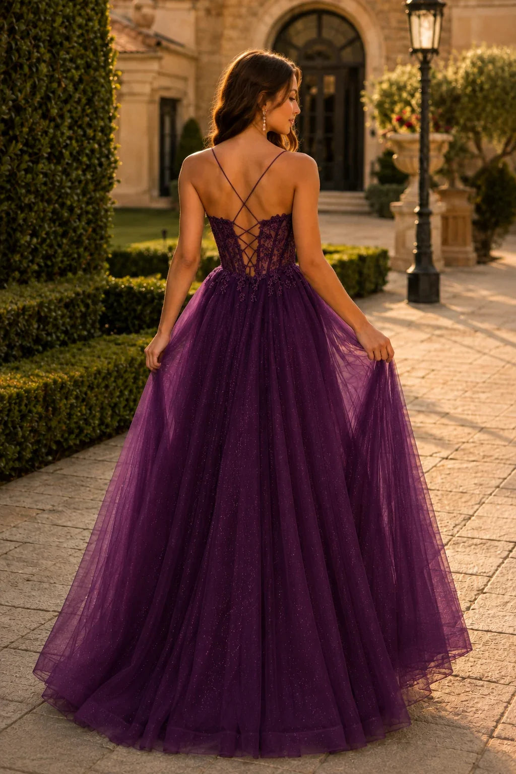 Varella Beaded Corset Tulle A-Line Prom Dress with Slit