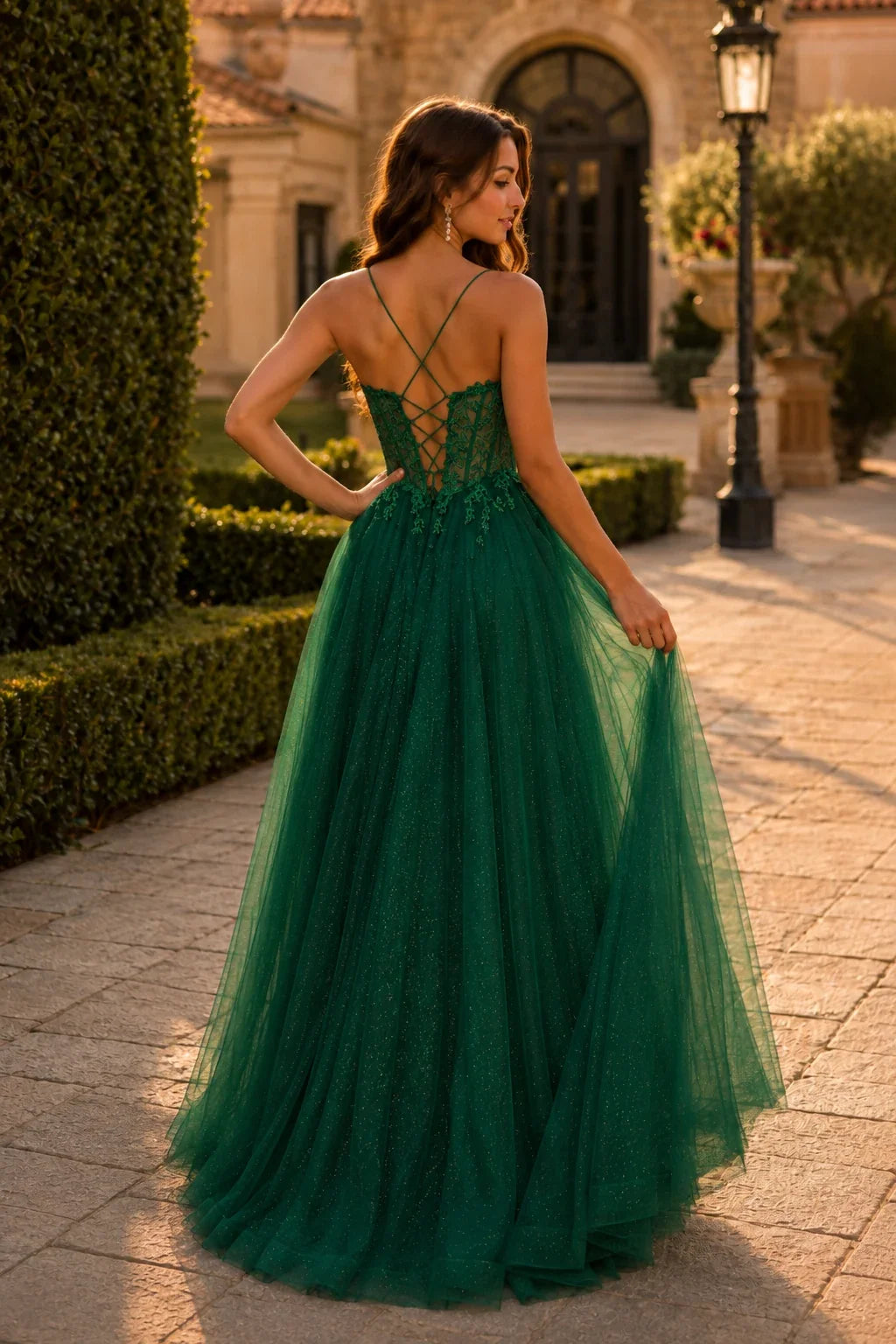 Varella Beaded Corset Tulle A-Line Prom Dress with Slit