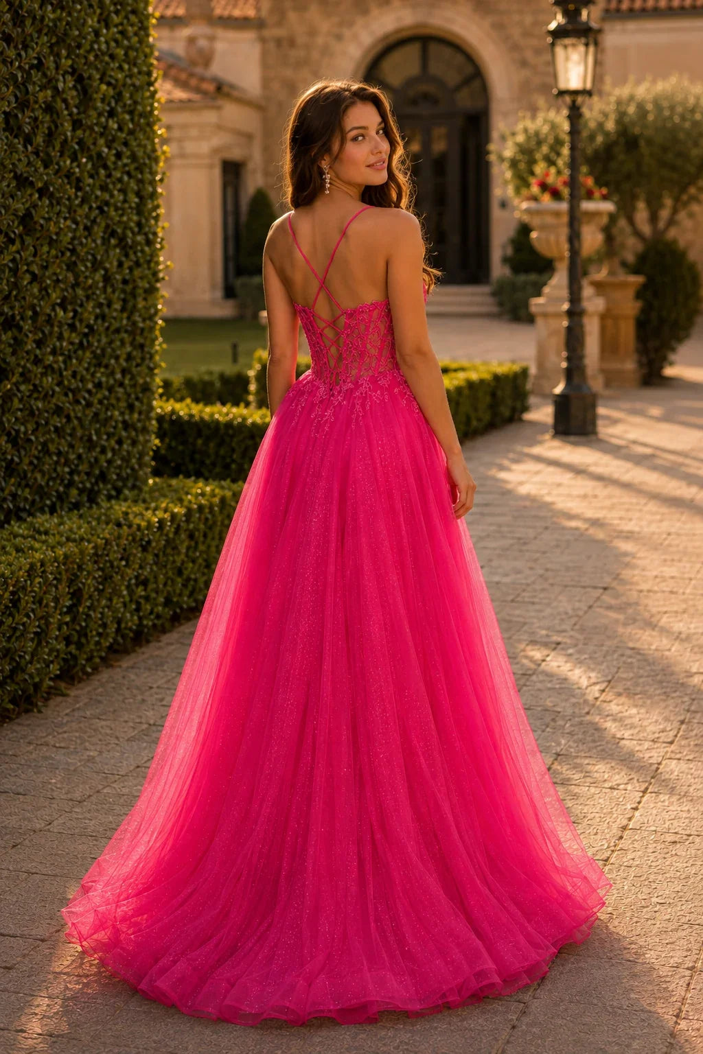 Varella Beaded Corset Tulle A-Line Prom Dress with Slit