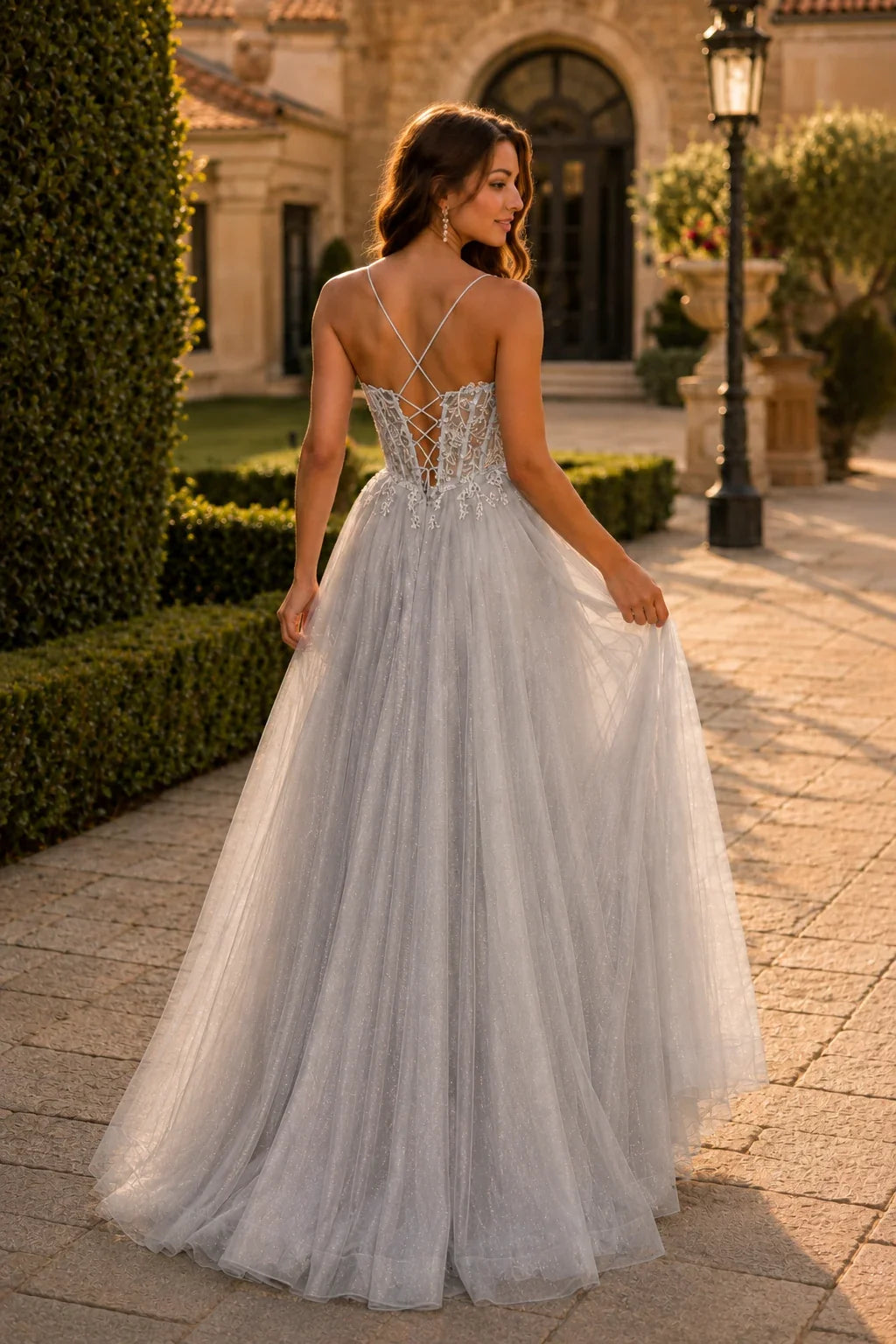 Varella Beaded Corset Tulle A-Line Prom Dress with Slit