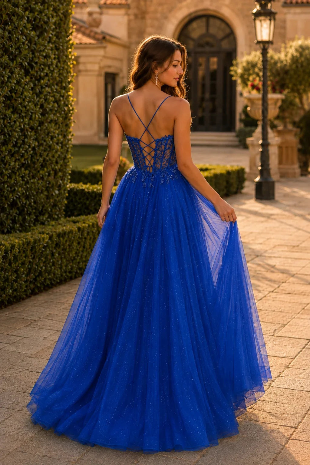 Varella Beaded Corset Tulle A-Line Prom Dress with Slit