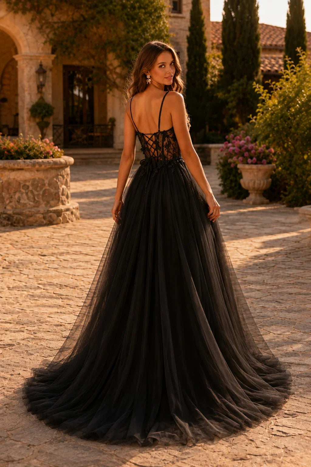 Xelora Floral Applique Tulle A-Line Prom Dress with Slit