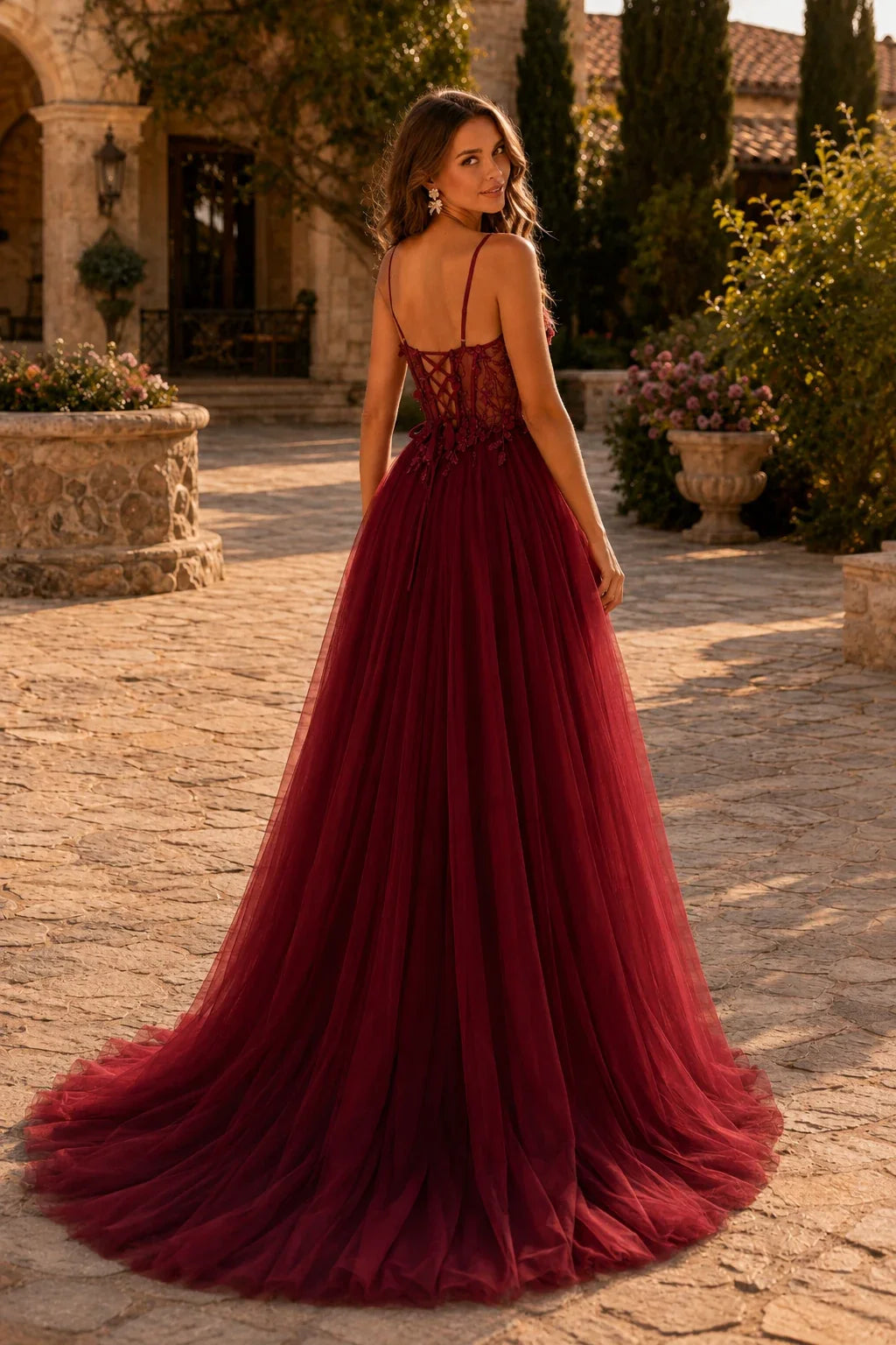 Xelora Floral Applique Tulle A-Line Prom Dress with Slit