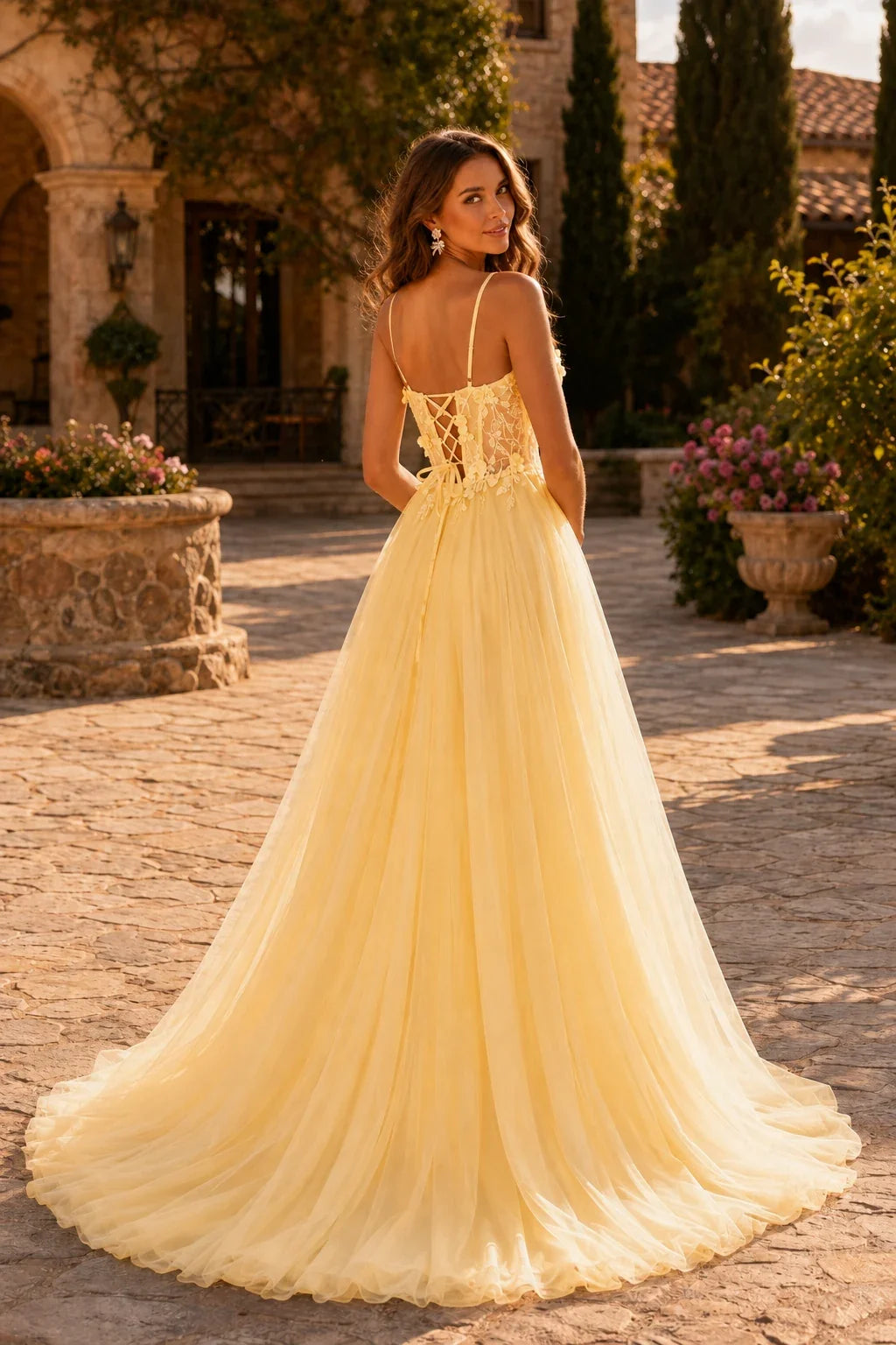 Xelora Floral Applique Tulle A-Line Prom Dress with Slit